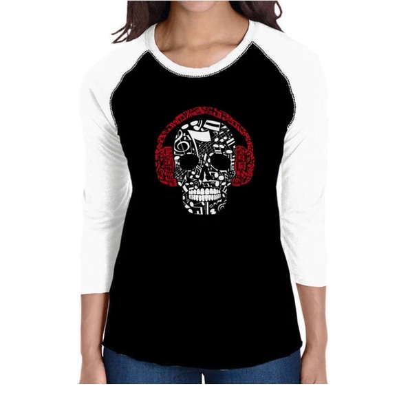 LA Pop Art Tops - LA POP ART Music Notes Skull w Headphones Raglan Tee Sz M NWT Word Art Tee